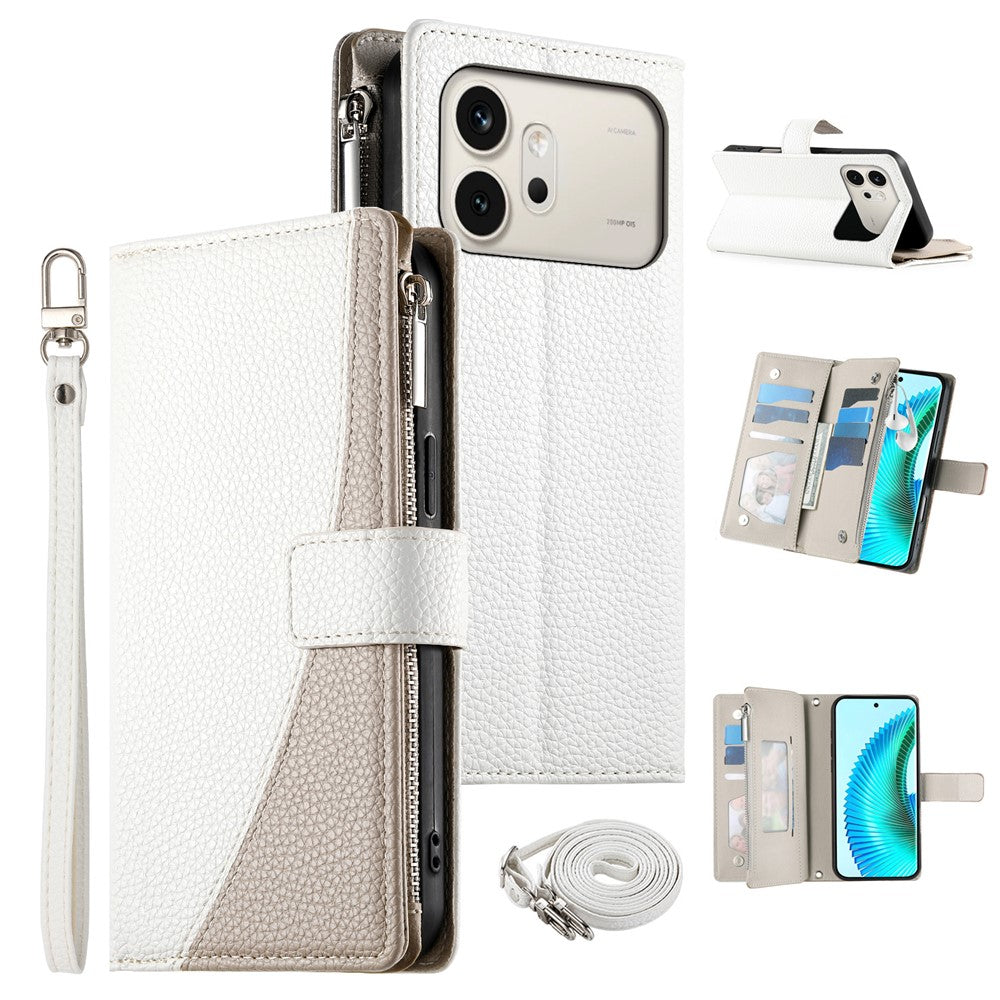 For Honor 600 5G Leather Case Zipper Wallet Color Splicing Flip Phone Cover with Straps