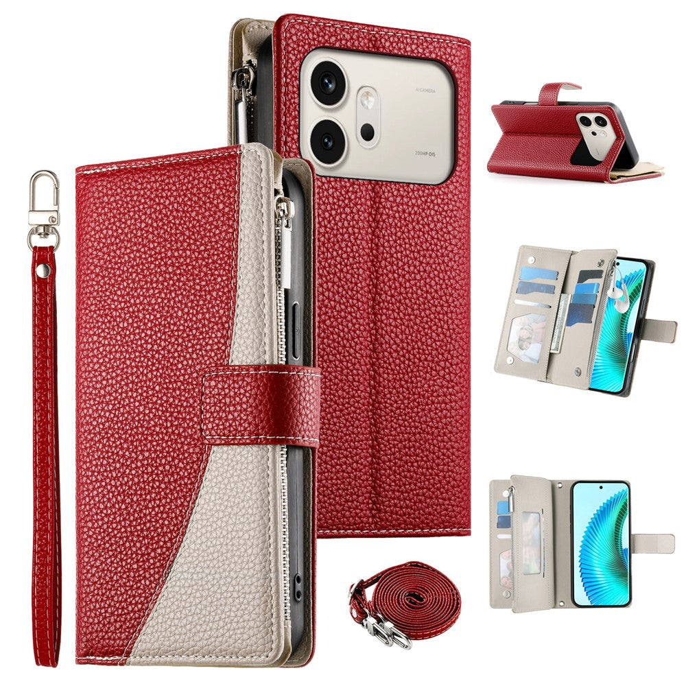 For Honor 600 5G Leather Case Zipper Wallet Color Splicing Flip Phone Cover with Straps