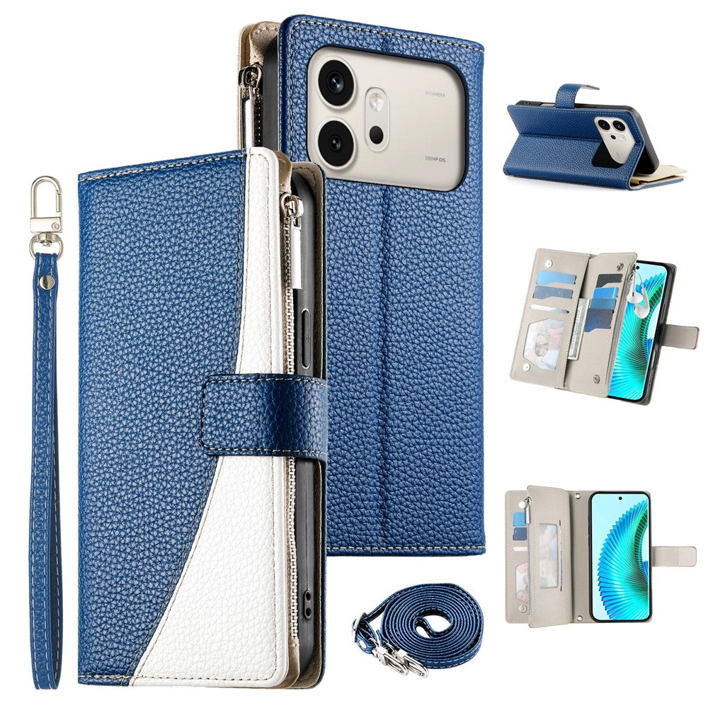 For Honor 600 5G Leather Case Zipper Wallet Color Splicing Flip Phone Cover with Straps