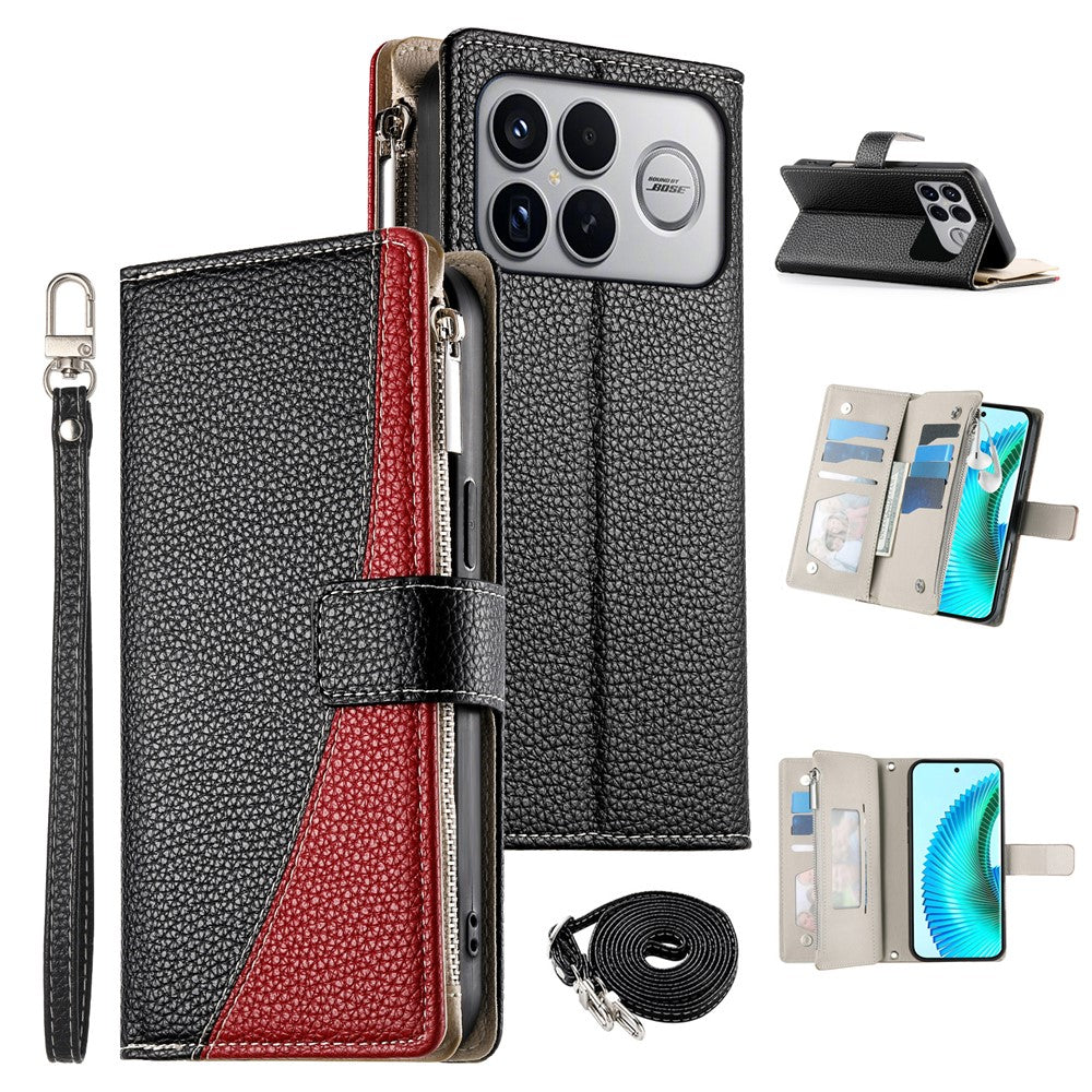 For Xiaomi Poco F8 Ultra 5G / Redmi K90 Pro Max 5G Leather Case Zipper Wallet Color Splicing Flip Phone Cover with Straps