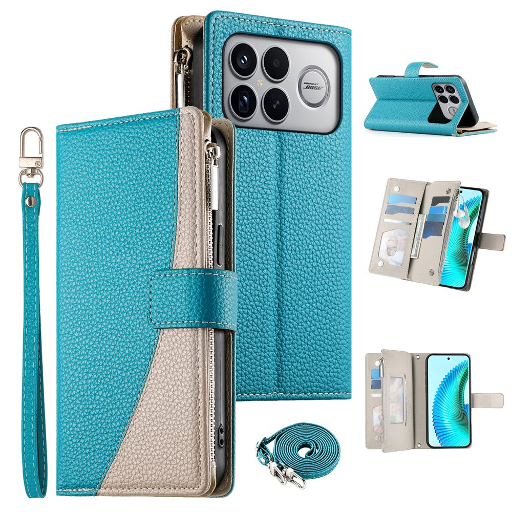 For Xiaomi Poco F8 Ultra 5G / Redmi K90 Pro Max 5G Leather Case Zipper Wallet Color Splicing Flip Phone Cover with Straps