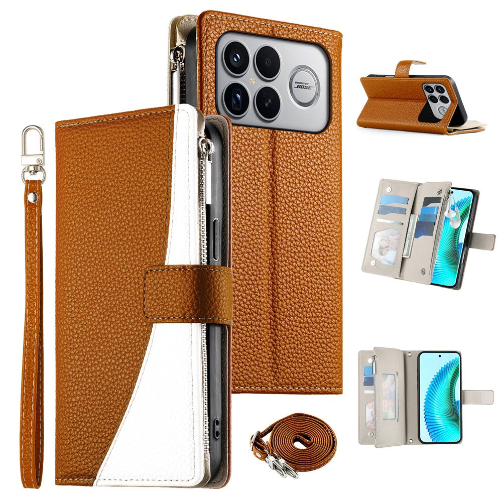 For Xiaomi Poco F8 Ultra 5G / Redmi K90 Pro Max 5G Leather Case Zipper Wallet Color Splicing Flip Phone Cover with Straps