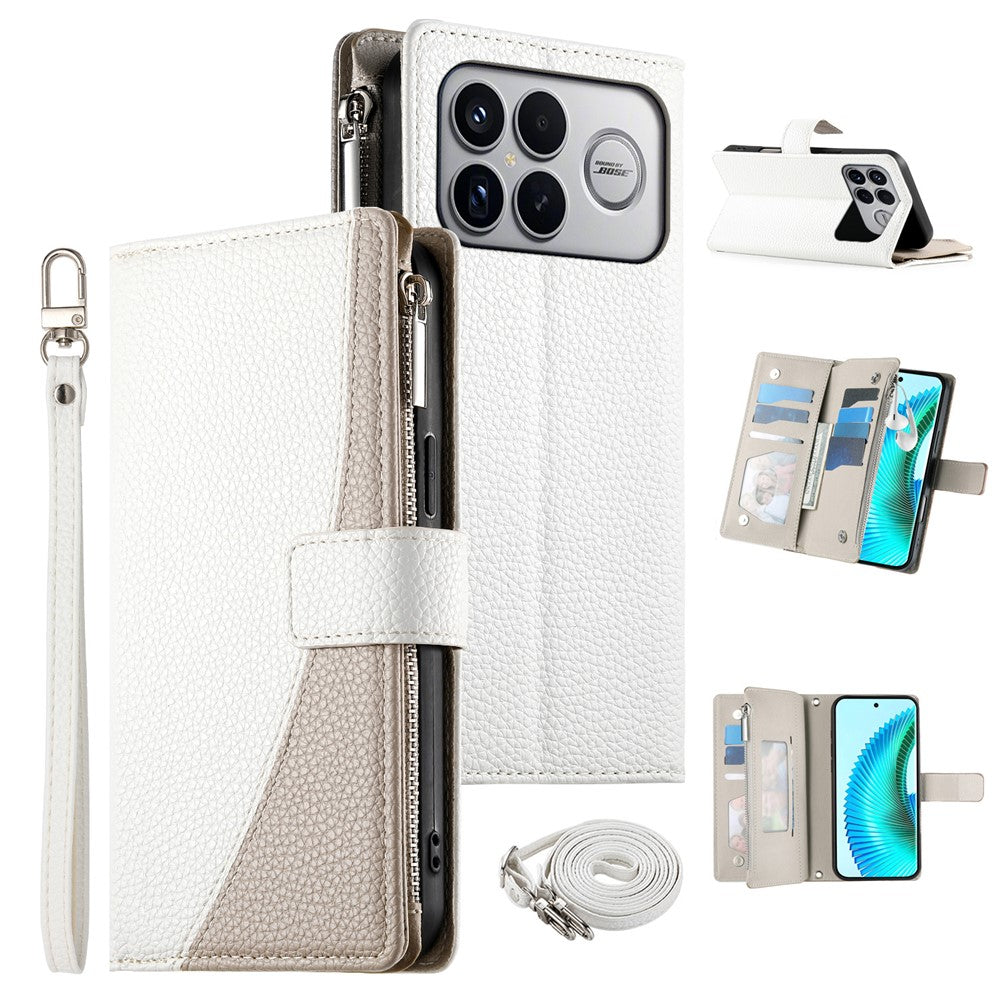 For Xiaomi Poco F8 Ultra 5G / Redmi K90 Pro Max 5G Leather Case Zipper Wallet Color Splicing Flip Phone Cover with Straps