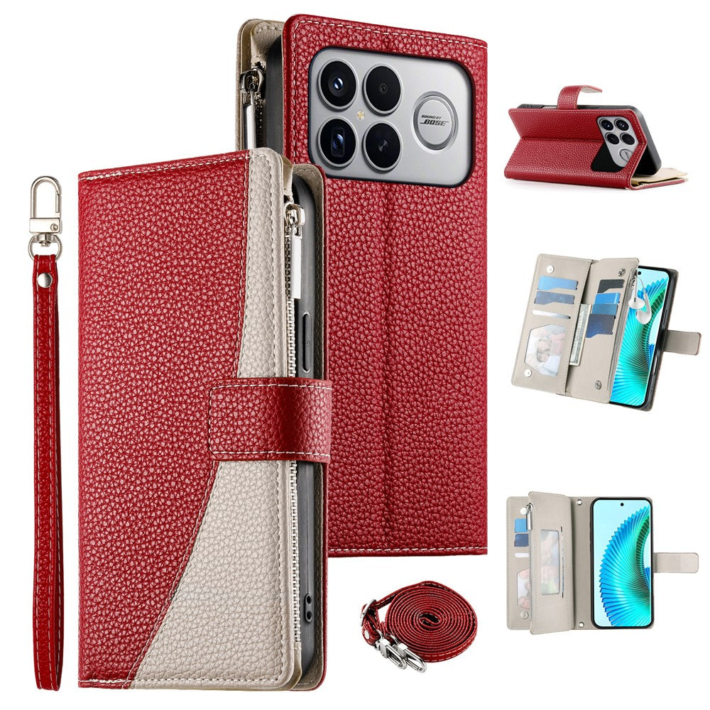 For Xiaomi Poco F8 Ultra 5G / Redmi K90 Pro Max 5G Leather Case Zipper Wallet Color Splicing Flip Phone Cover with Straps