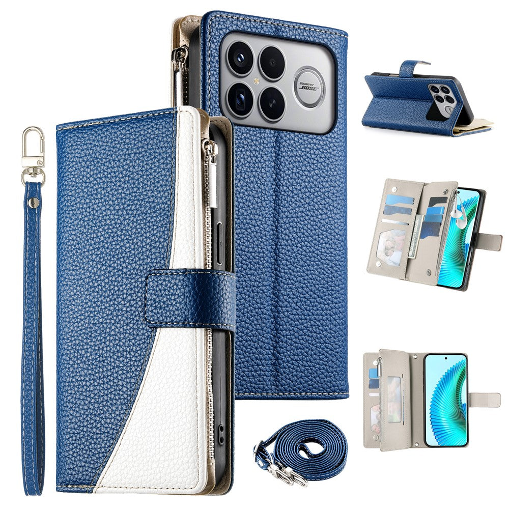 For Xiaomi Poco F8 Ultra 5G / Redmi K90 Pro Max 5G Leather Case Zipper Wallet Color Splicing Flip Phone Cover with Straps