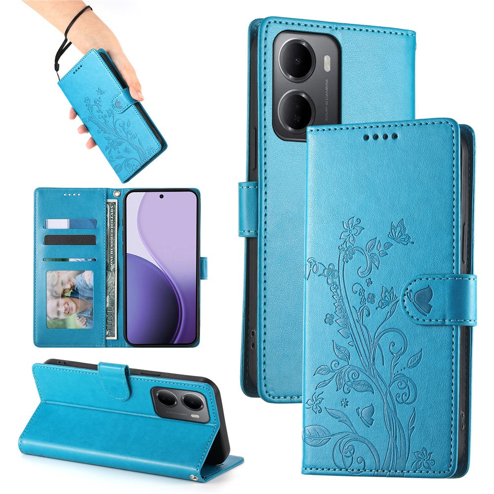 Xiaomi Redmi 15a 5G Plånboksfodral Fjärilsblommigt PU-läder mobilskal med Handledsrem
