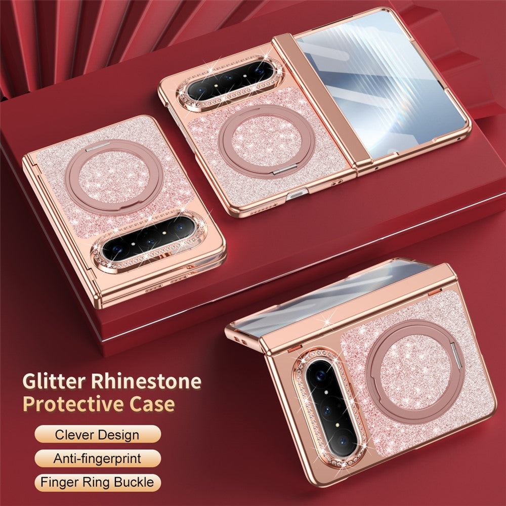 For Huawei Pura X Max Magnetic Case Rotating Kickstand Glitter PU Leather + PC Phone Cover with Screen Protector