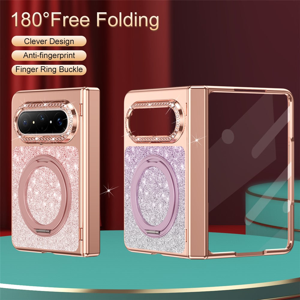 For Huawei Pura X Max Magnetic Case Rotating Kickstand Glitter PU Leather + PC Phone Cover with Screen Protector