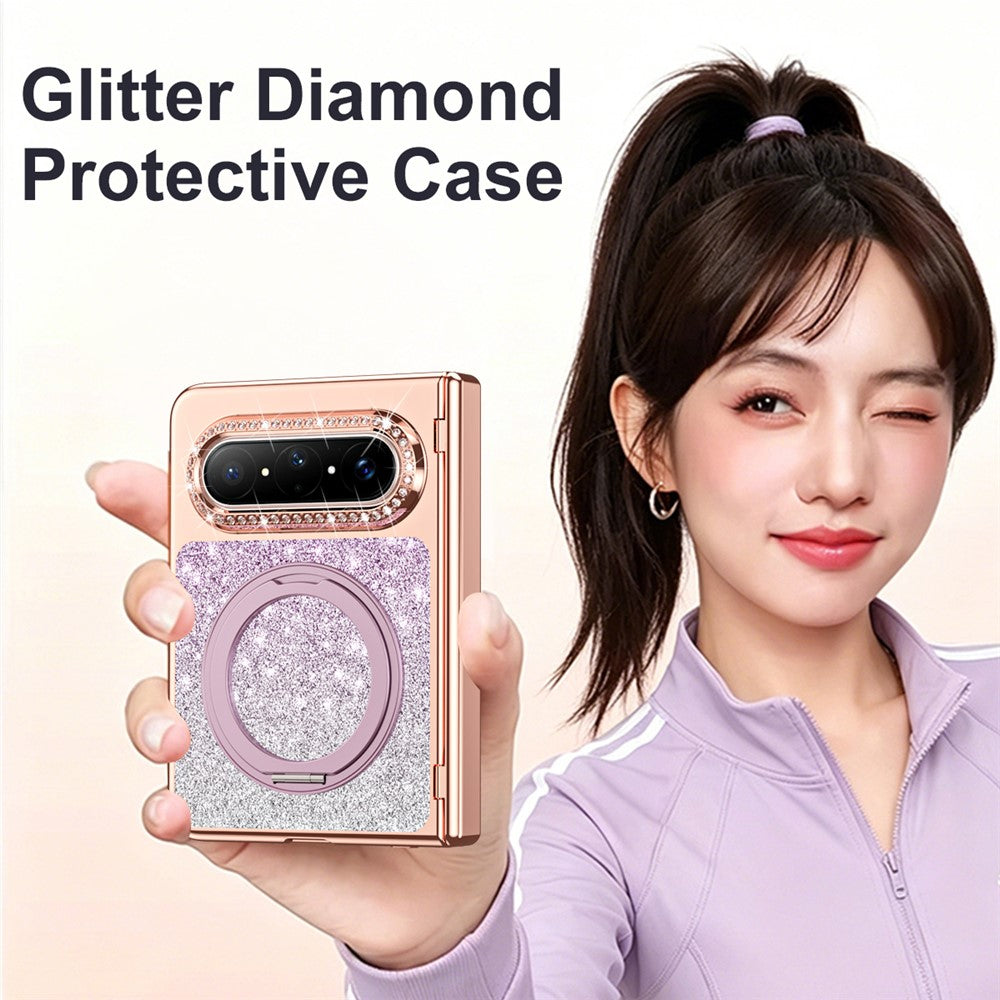 For Huawei Pura X Max Magnetic Case Rotating Kickstand Glitter PU Leather + PC Phone Cover with Screen Protector