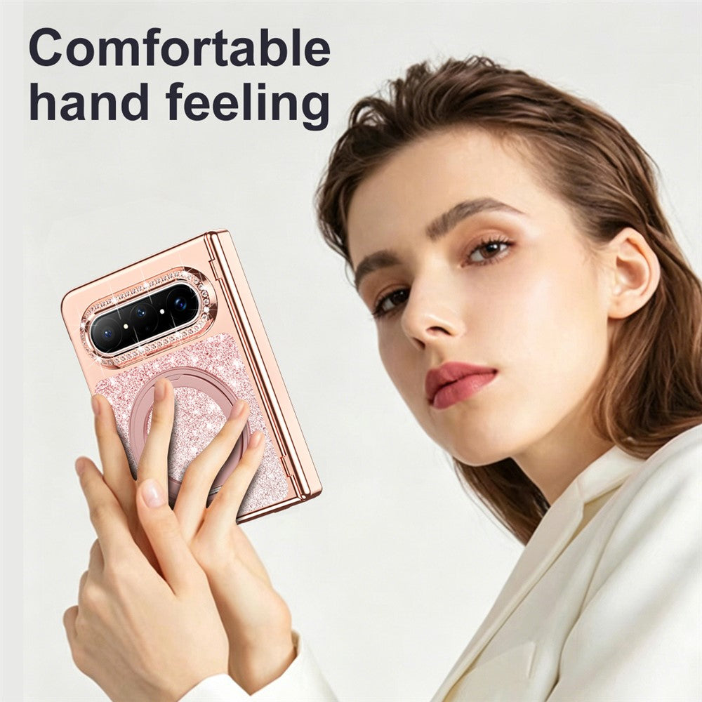 For Huawei Pura X Max Magnetic Case Rotating Kickstand Glitter PU Leather + PC Phone Cover with Screen Protector