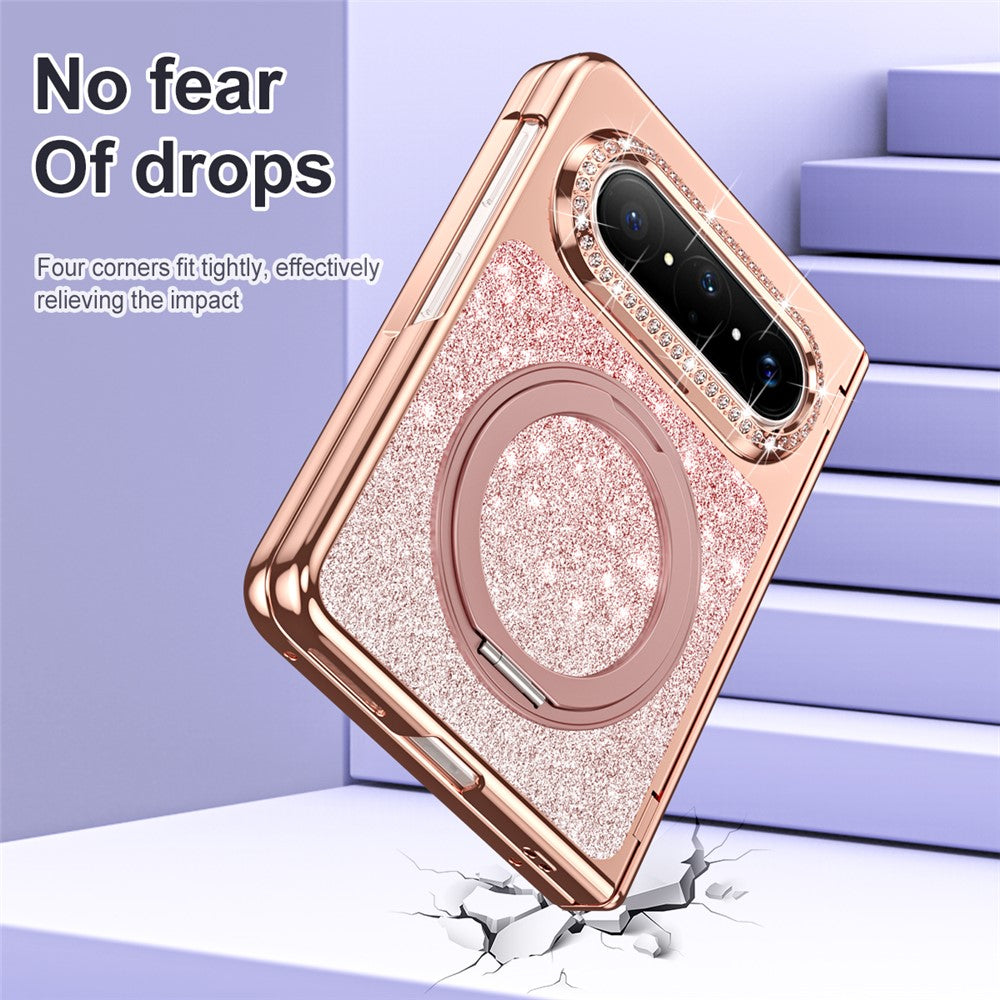 For Huawei Pura X Max Magnetic Case Rotating Kickstand Glitter PU Leather + PC Phone Cover with Screen Protector
