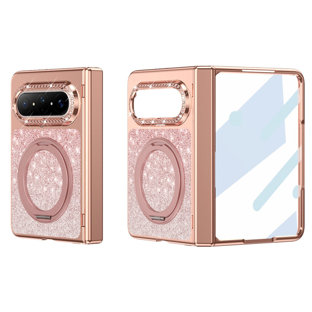 For Huawei Pura X Max Magnetic Case Rotating Kickstand Glitter PU Leather + PC Phone Cover with Screen Protector