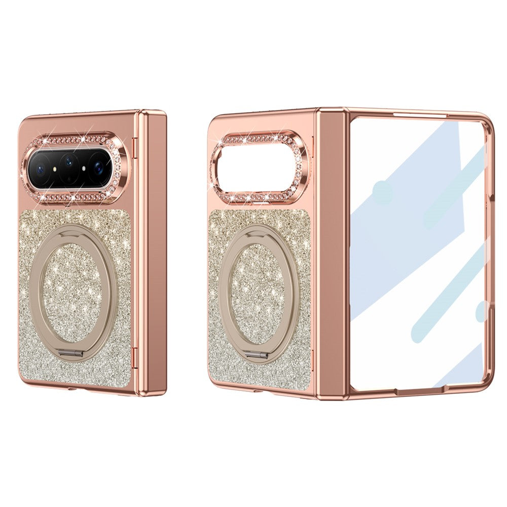 For Huawei Pura X Max Magnetic Case Rotating Kickstand Glitter PU Leather + PC Phone Cover with Screen Protector