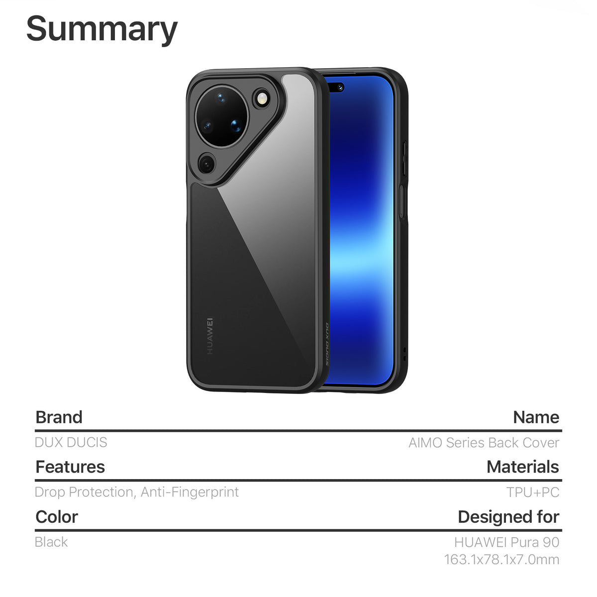 DUX DUCIS til Huawei Pura 90 Aimo Series PC + TPU Gennemsigtigt Bagcover til Telefon (REACH-certificering)
