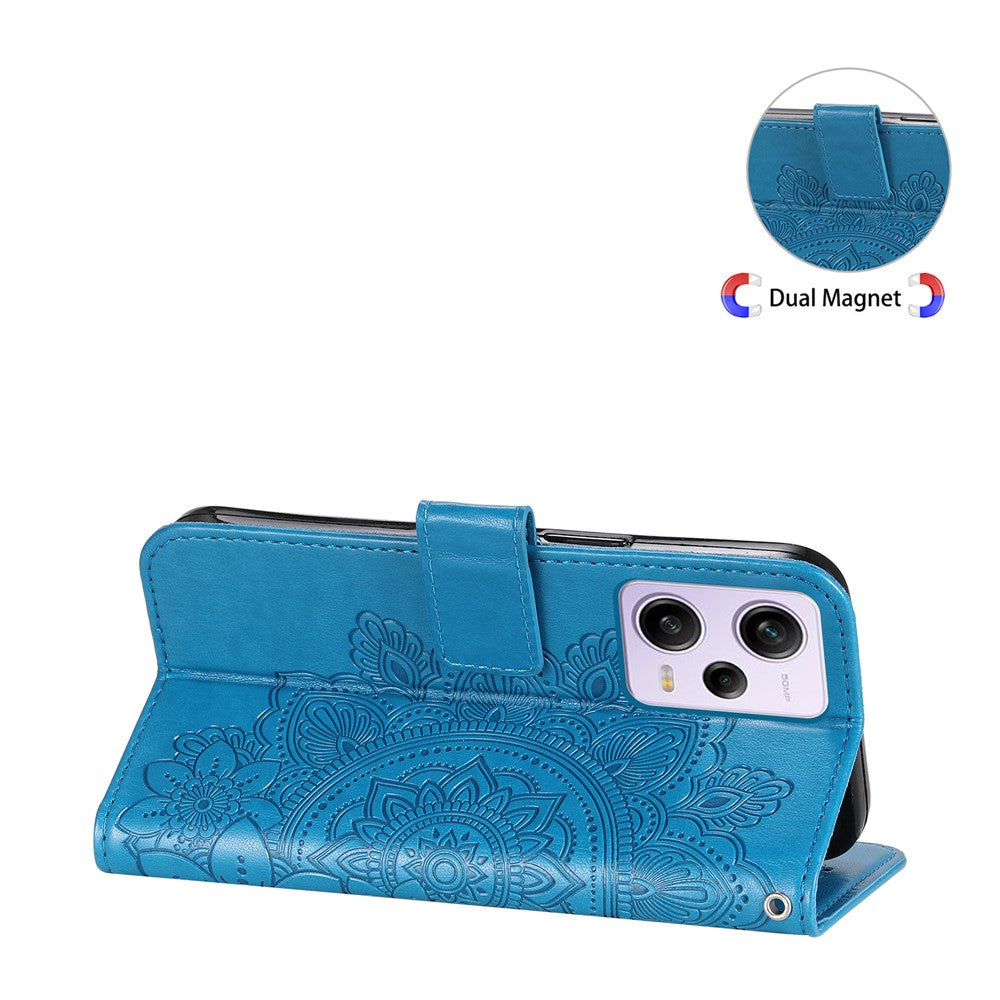 For Xiaomi Redmi Note 12 Pro+ 5G Flower Imprinting PU Leather Case Magnetic Clasp Stand Wallet Shockproof Phone Cover with Strap