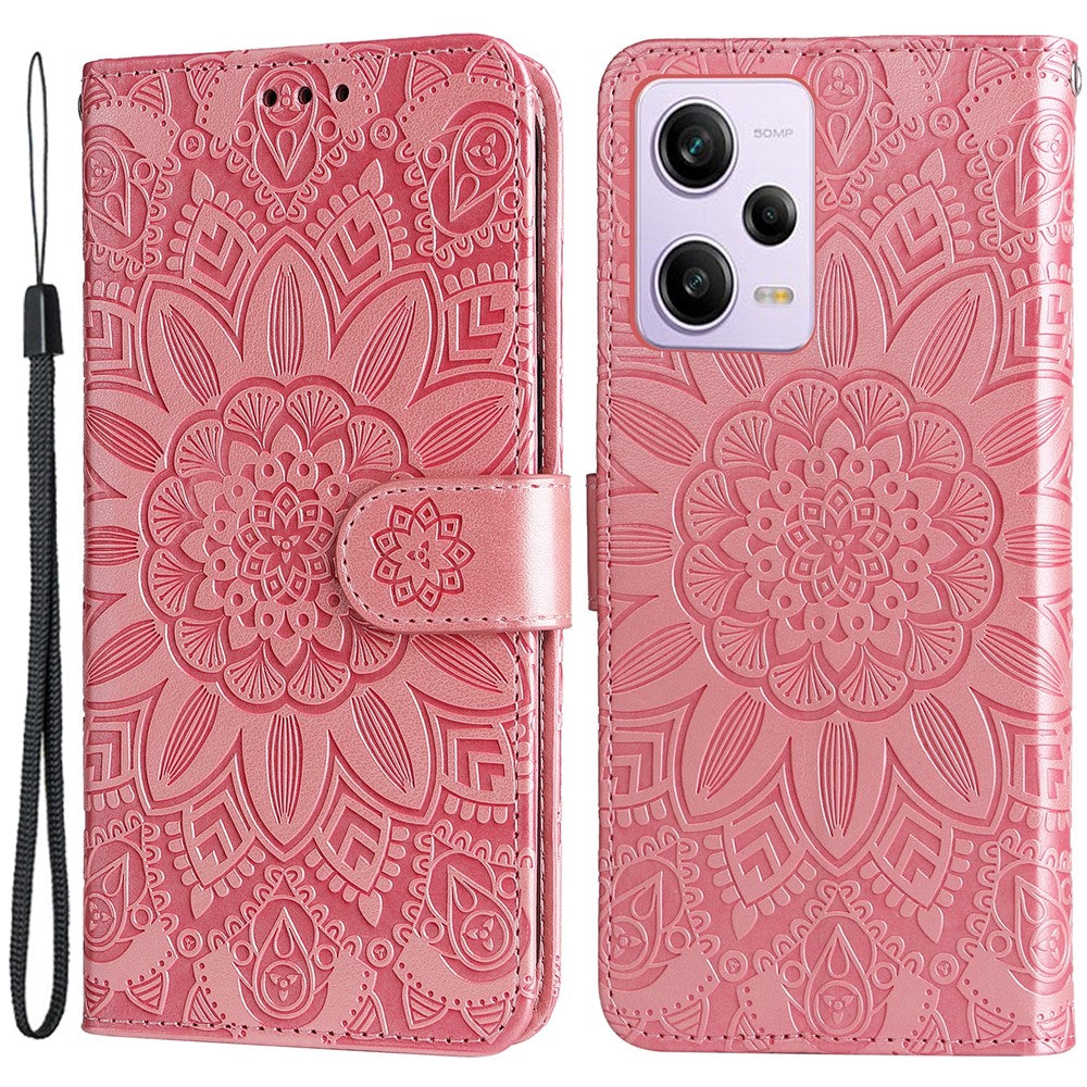 For Xiaomi Redmi Note 12 Pro+ 5G PU Leather Sunflower Imprinted Phone Case Magnetic Closure Hands-free Stand Flip Cover with Wrist Strap