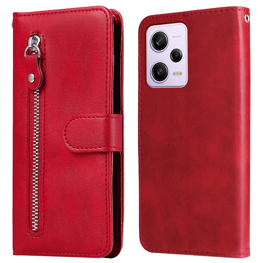 Phone Stand Case for Xiaomi Redmi Note 12 Pro+ 5G Calf Texture PU Leather Zipper Pocket Flip Wallet Cover