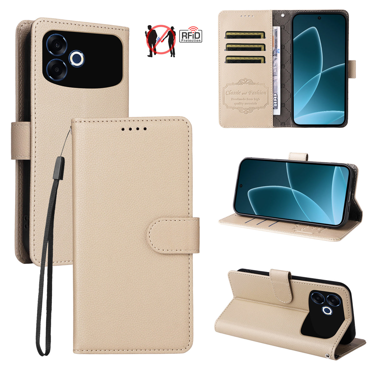 For Oppo F33 Pro 5G / Oppo A6s Pro 5G Case RFID Blocking 3 Card Slots PU Leather Phone Cover with Wrist Strap