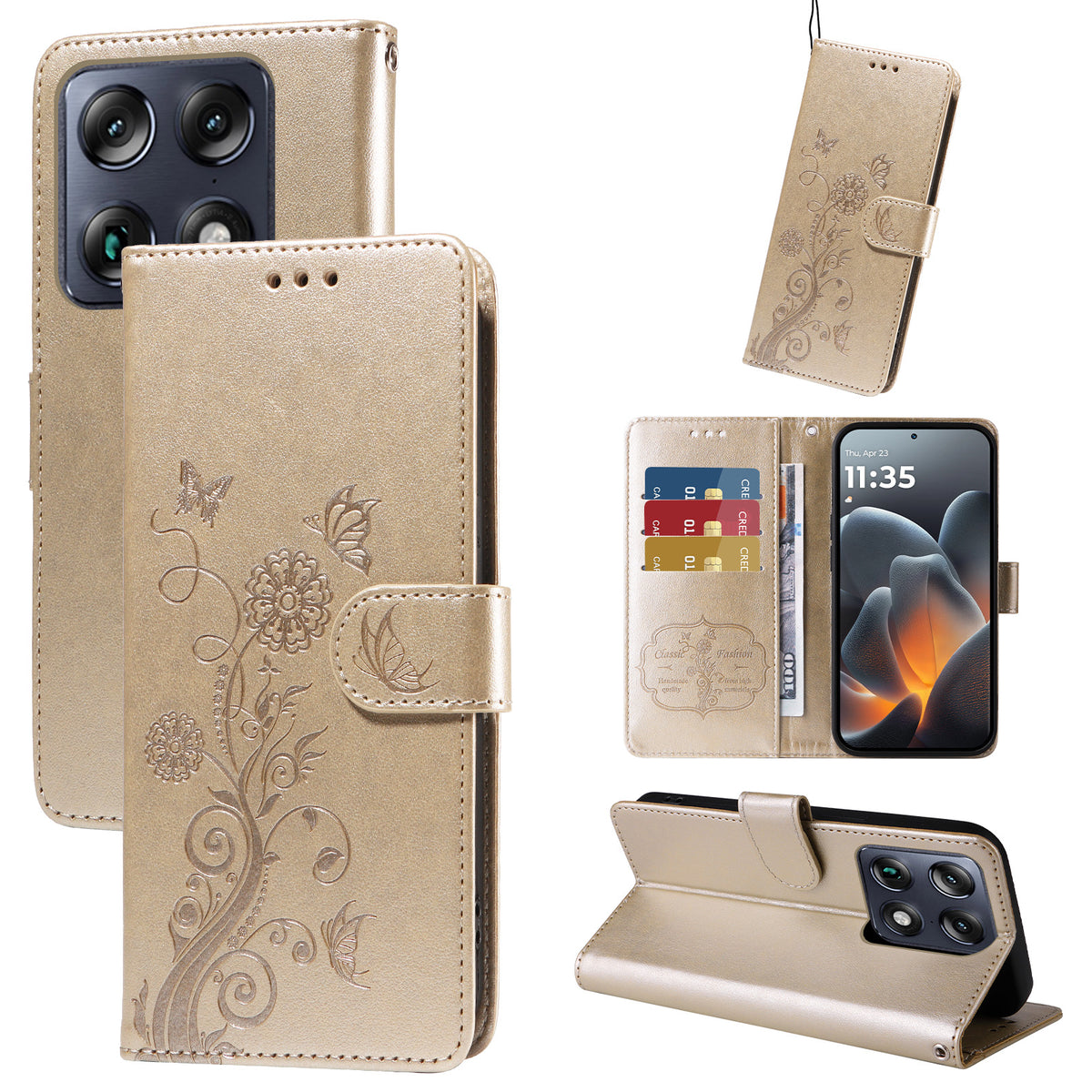 Til Motorola Signature 5G Lædercover Sommerfugle Blomsterpræg Tegnebog Stativcover