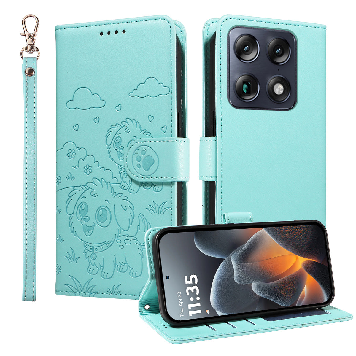 For Motorola Signature 5G Case RFID Blocking Imprinted Dog Pattern PU Leather Phone Cover with Wrist Strap