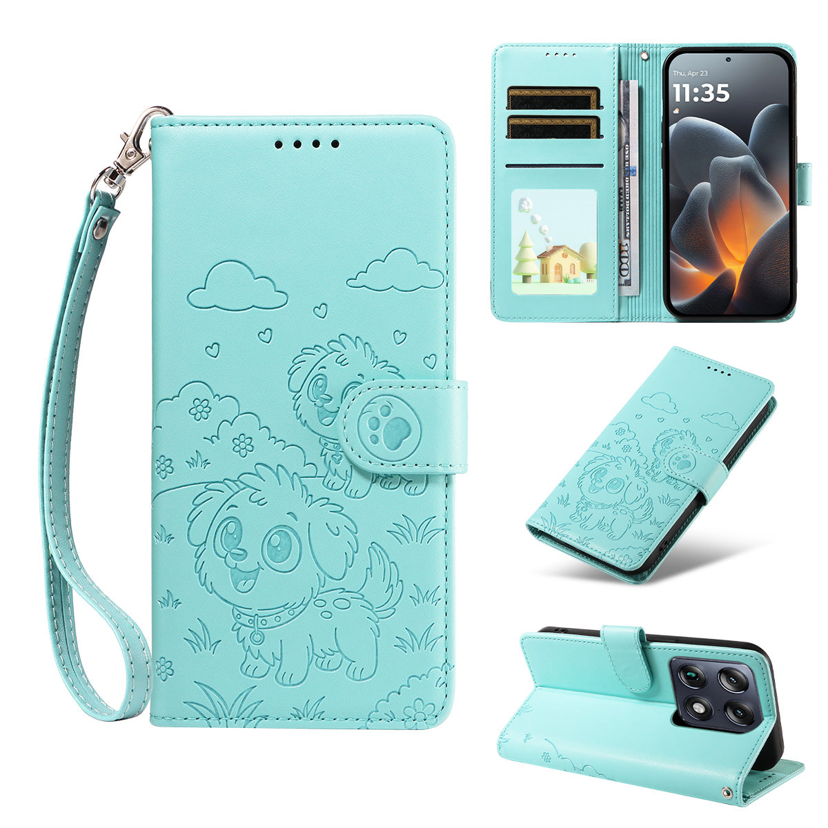 For Motorola Signature 5G Case RFID Blocking Imprinted Dog Pattern PU Leather Phone Cover with Wrist Strap