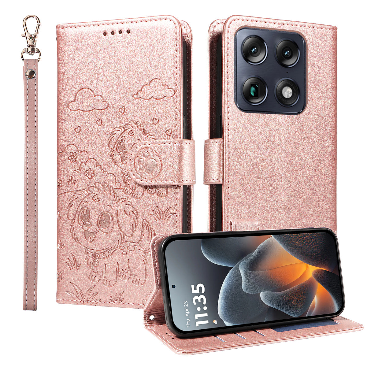 For Motorola Signature 5G Case RFID Blocking Imprinted Dog Pattern PU Leather Phone Cover with Wrist Strap