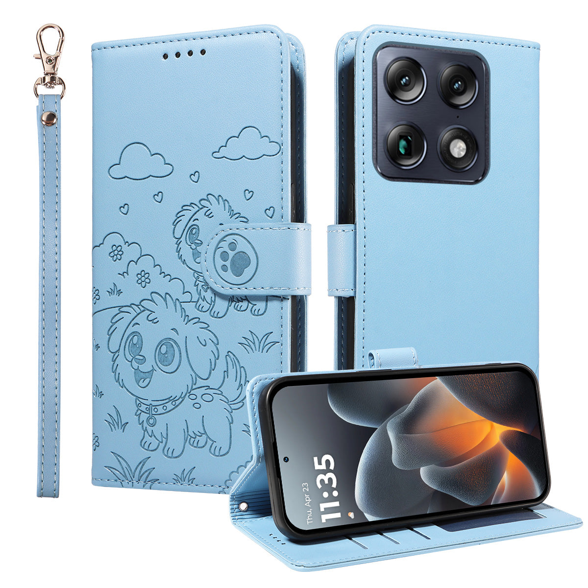 For Motorola Signature 5G Case RFID Blocking Imprinted Dog Pattern PU Leather Phone Cover with Wrist Strap