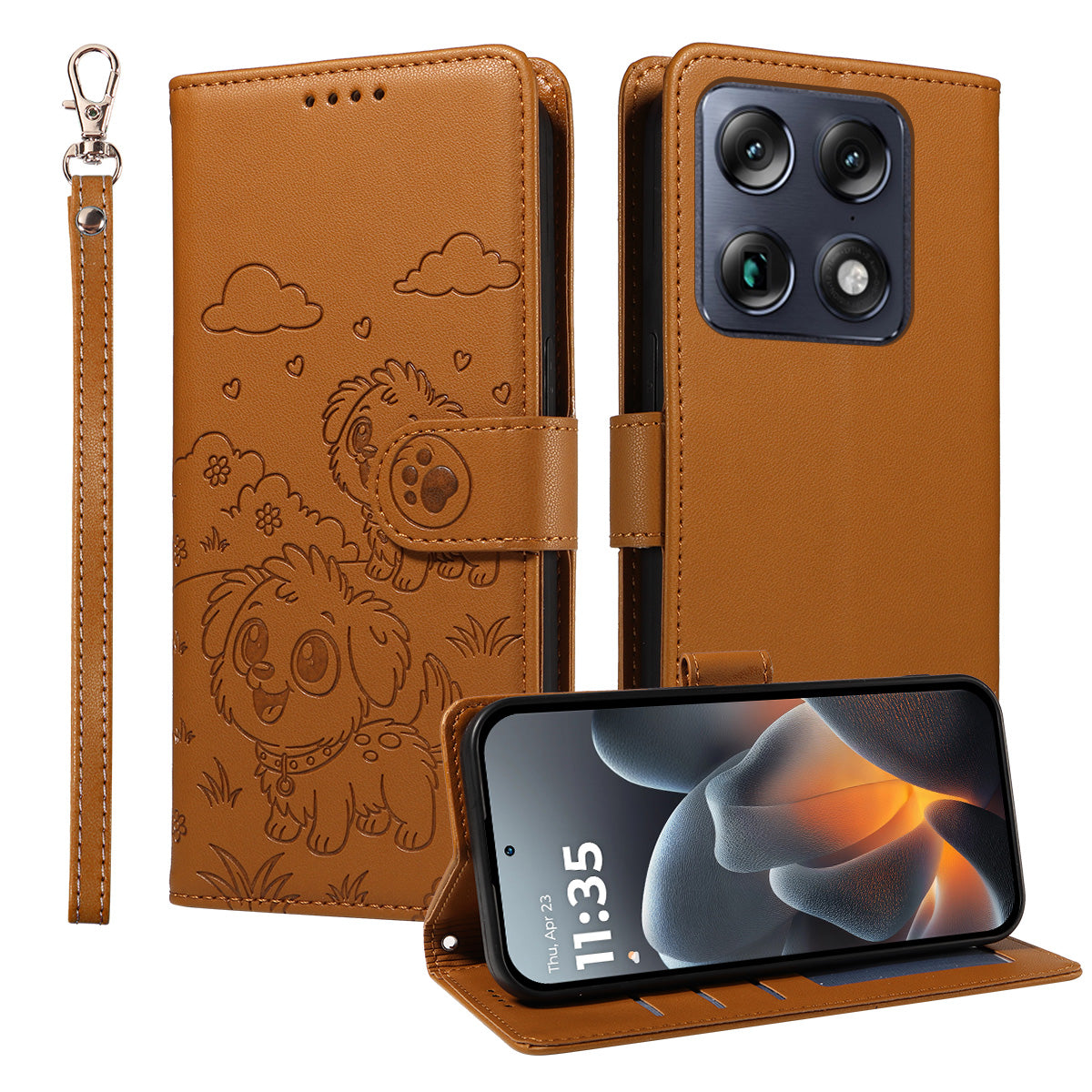 For Motorola Signature 5G Case RFID Blocking Imprinted Dog Pattern PU Leather Phone Cover with Wrist Strap