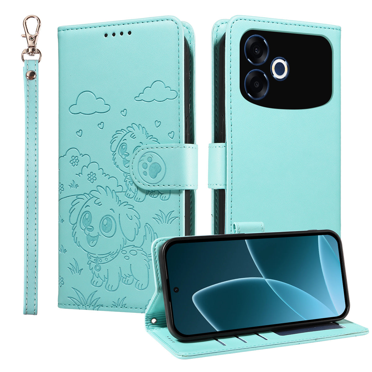 For Oppo F33 Pro 5G / Oppo A6s Pro 5G Case RFID Blocking Imprinted Dog Pattern PU Leather Phone Cover with Wrist Strap