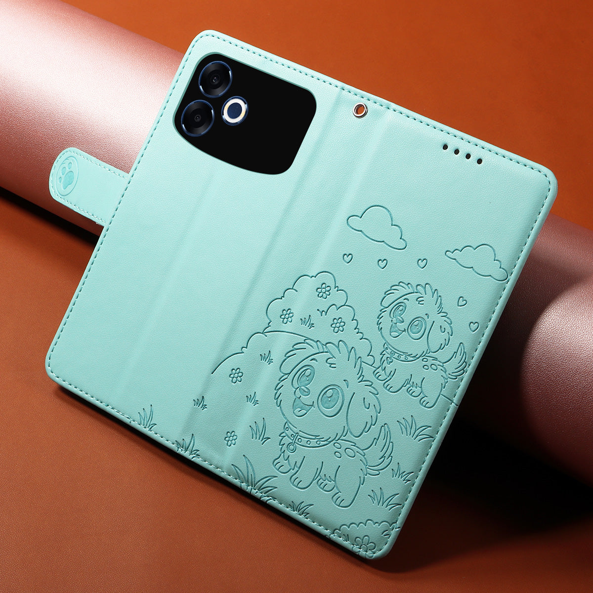 For Oppo F33 Pro 5G / Oppo A6s Pro 5G Case RFID Blocking Imprinted Dog Pattern PU Leather Phone Cover with Wrist Strap