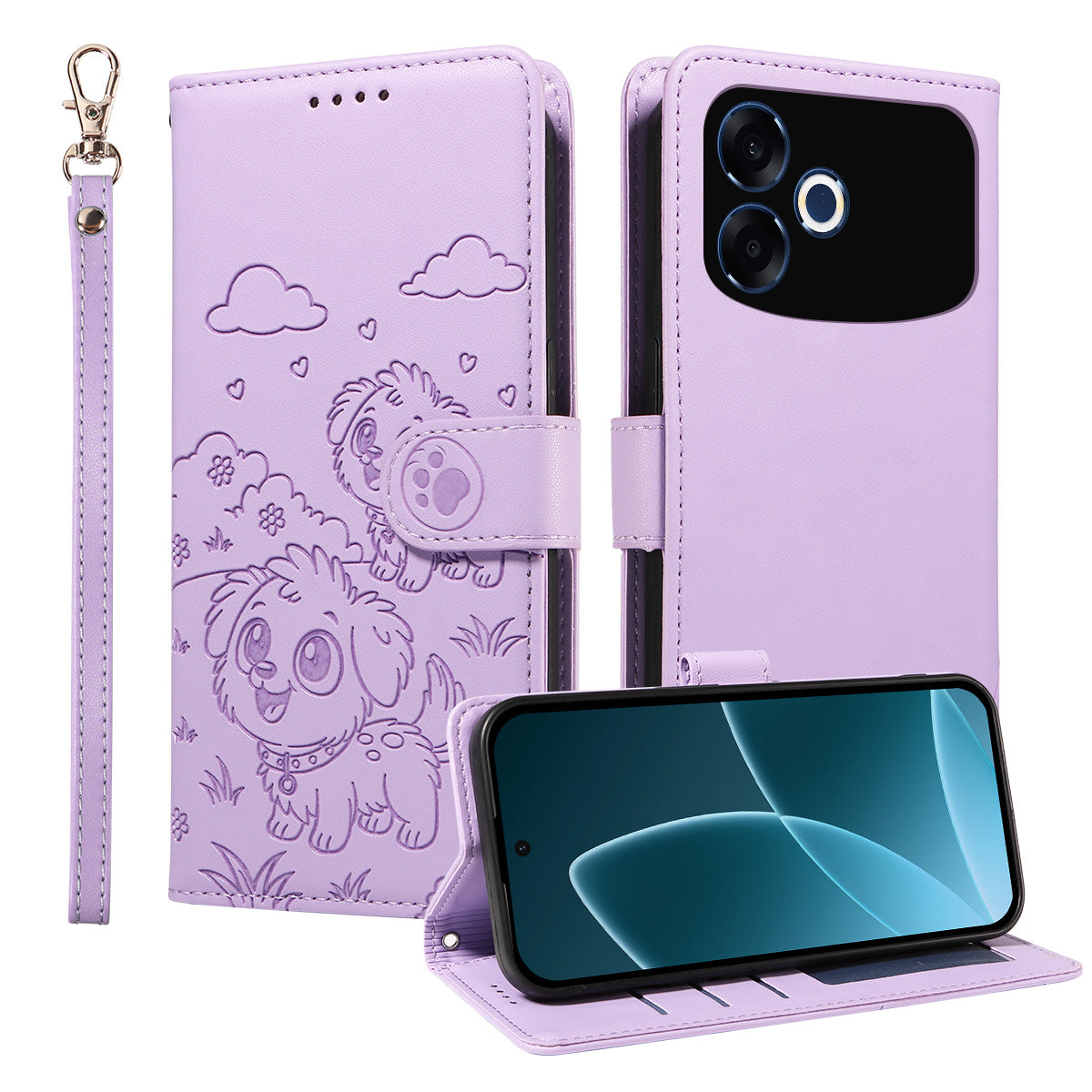 For Oppo F33 Pro 5G / Oppo A6s Pro 5G Case RFID Blocking Imprinted Dog Pattern PU Leather Phone Cover with Wrist Strap