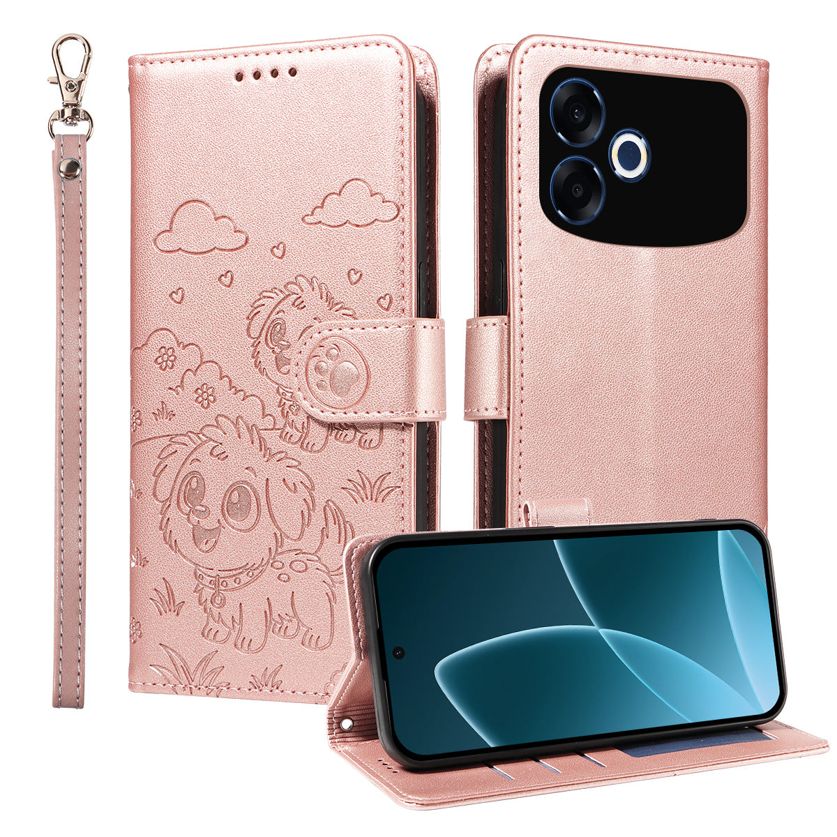 For Oppo F33 Pro 5G / Oppo A6s Pro 5G Case RFID Blocking Imprinted Dog Pattern PU Leather Phone Cover with Wrist Strap