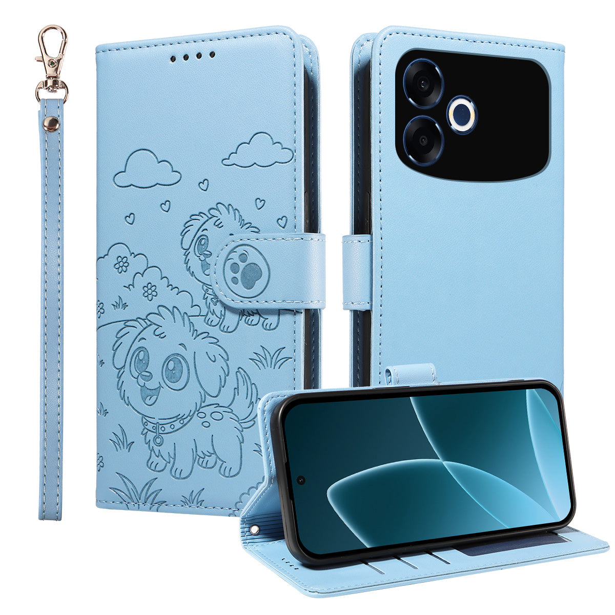 For Oppo F33 Pro 5G / Oppo A6s Pro 5G Case RFID Blocking Imprinted Dog Pattern PU Leather Phone Cover with Wrist Strap
