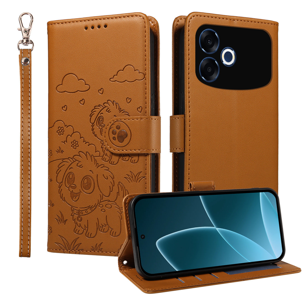 For Oppo F33 Pro 5G / Oppo A6s Pro 5G Case RFID Blocking Imprinted Dog Pattern PU Leather Phone Cover with Wrist Strap