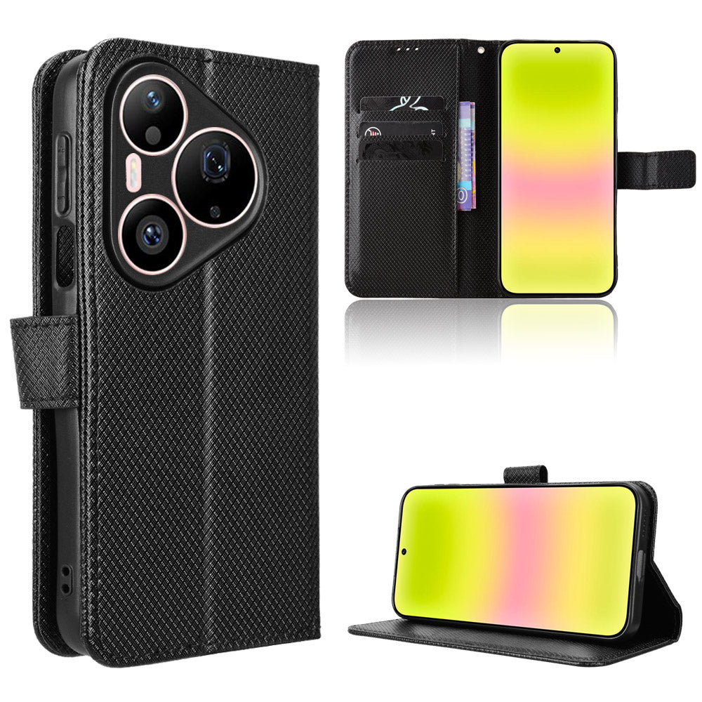 For Huawei Pura 90s Pro Max 5G / Pura 90 Pro Max Leather Wallet Case with Strap Diamond Texture Phone Cover