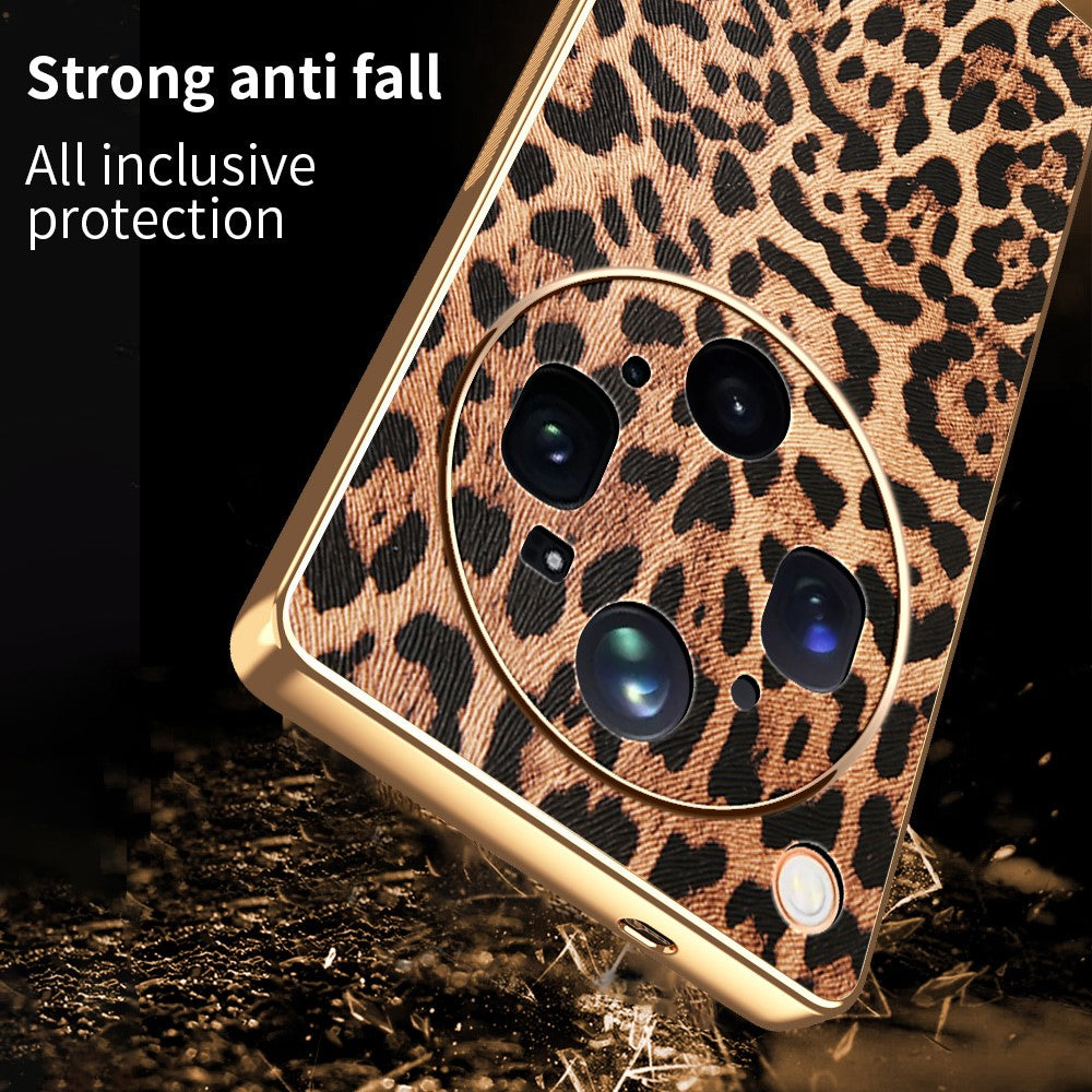 For Oppo Find X9 Ultra 5G Case Leopard Print PU Leather Coated PC + TPU Electroplating Phone Cover