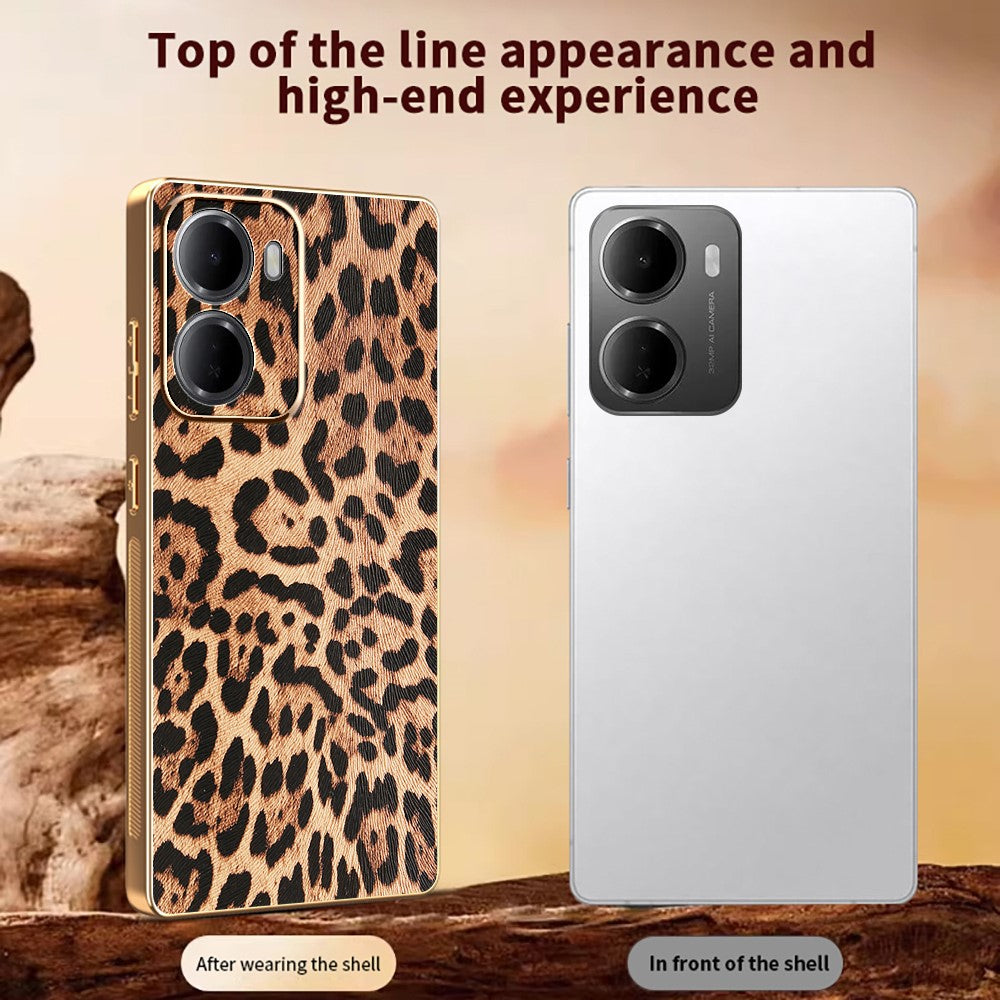 For Xiaomi Redmi 15a 5G Case Leopard Print PU Leather Coated PC + TPU Electroplating Phone Cover