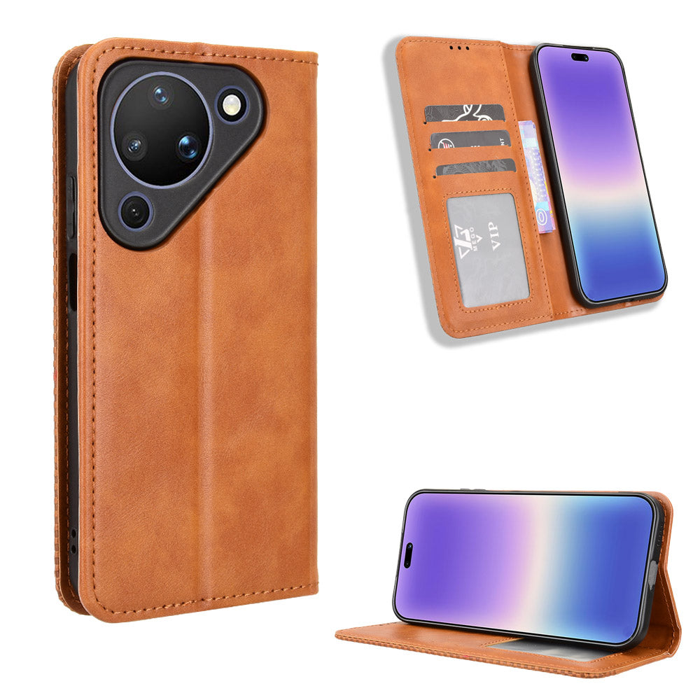 For Huawei Pura 90 Leather Case Wallet Stand Retro Texture Phone Cover