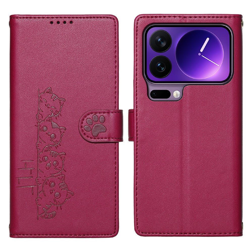 For Xiaomi 17 Pro Case Adorable Cat Pattern PU Leather Wallet Phone Cover with Wrist Strap