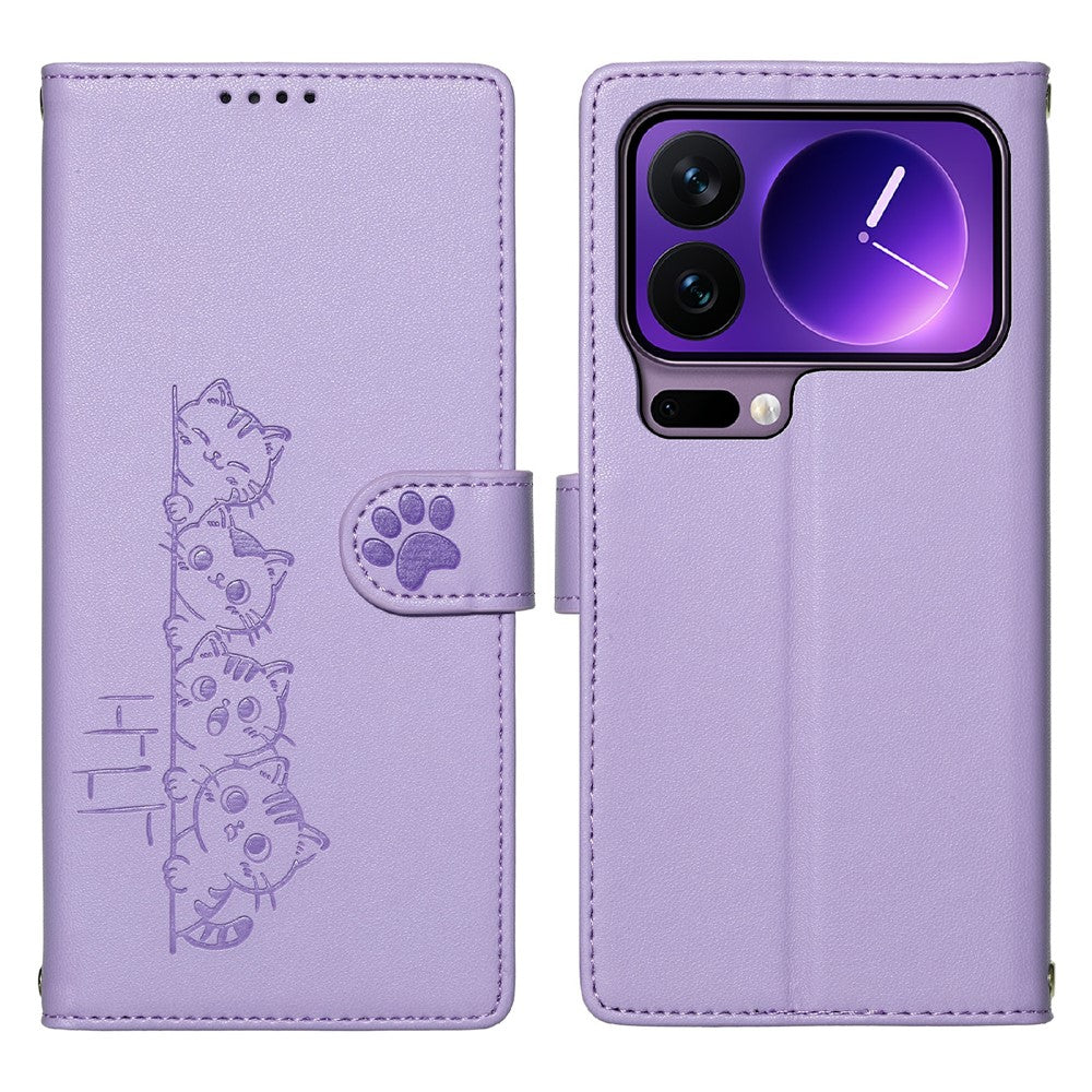 For Xiaomi 17 Pro Case Adorable Cat Pattern PU Leather Wallet Phone Cover with Wrist Strap
