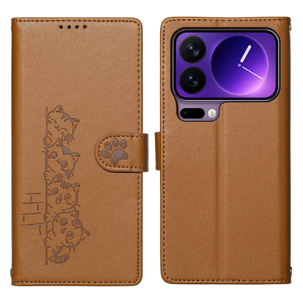 For Xiaomi 17 Pro Case Adorable Cat Pattern PU Leather Wallet Phone Cover with Wrist Strap