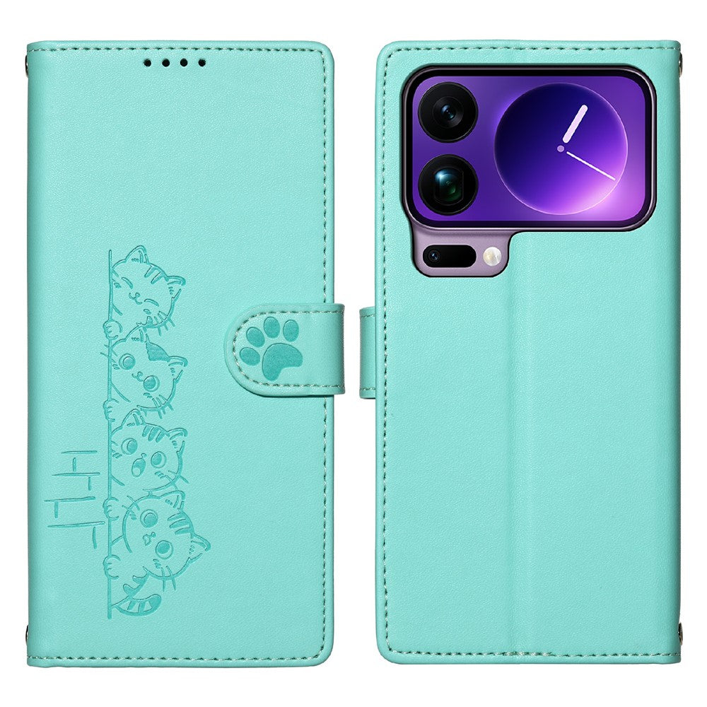 For Xiaomi 17 Pro Max Case Adorable Cat Pattern PU Leather Wallet Phone Cover with Wrist Strap