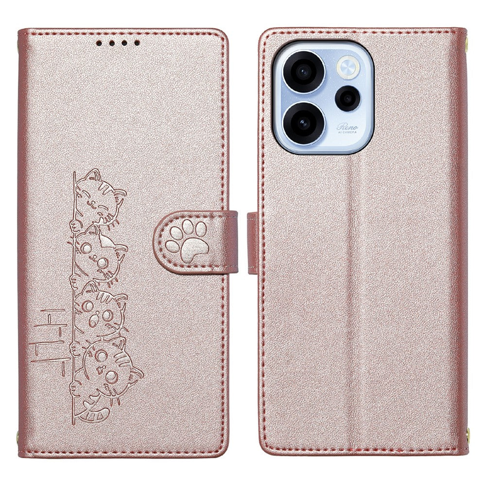 For Oppo Reno15 F 5G Case Adorable Cat Pattern PU Leather Wallet Phone Cover with Wrist Strap