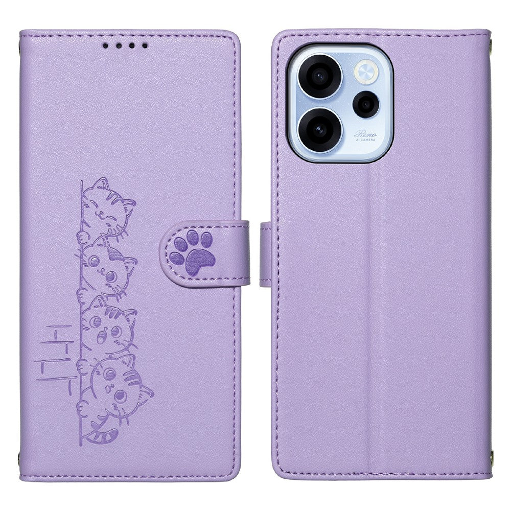 For Oppo Reno15 F 5G Case Adorable Cat Pattern PU Leather Wallet Phone Cover with Wrist Strap
