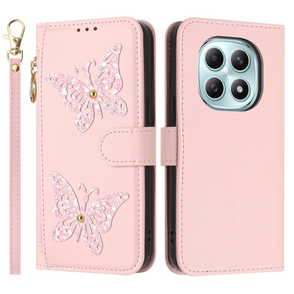 For Xiaomi Redmi Note 15 4G (Global)  /  Note 15 5G (Global)  /  Poco M8 5G Case Glitter Butterfly Zipper Pocket Stand Leather Phone Cover with Hand Strap / Shoulder Strap