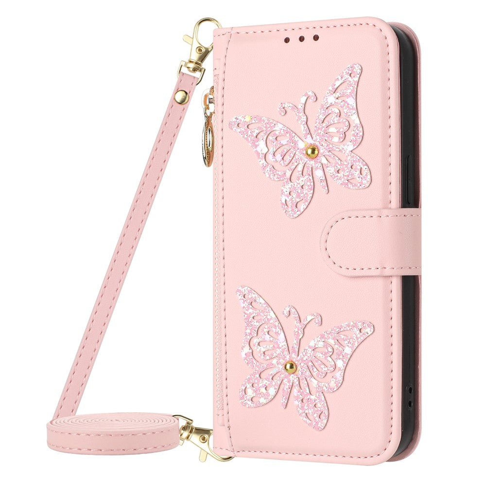 For Xiaomi Redmi Note 15 4G (Global)  /  Note 15 5G (Global)  /  Poco M8 5G Case Glitter Butterfly Zipper Pocket Stand Leather Phone Cover with Hand Strap / Shoulder Strap