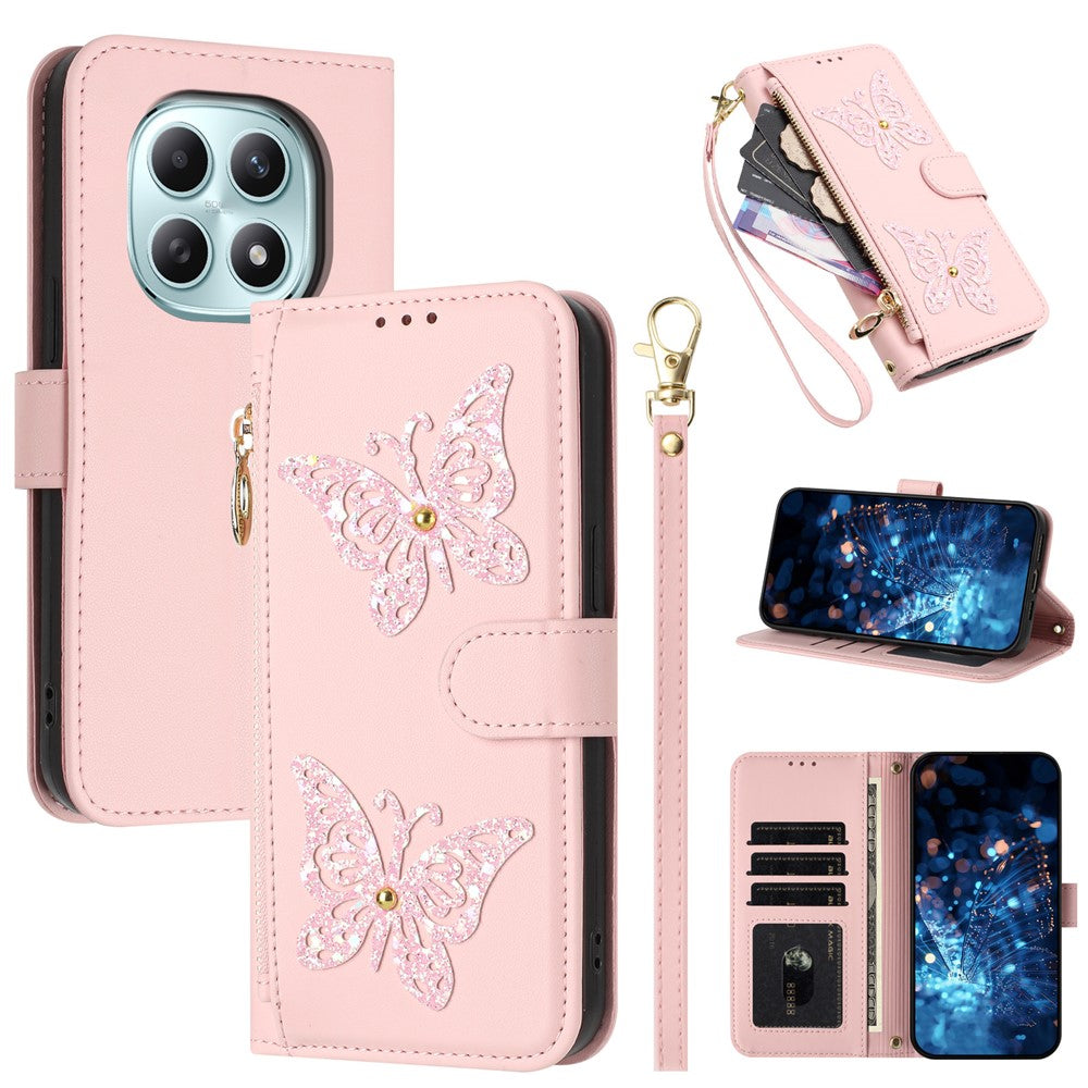 For Xiaomi Redmi Note 15 4G (Global)  /  Note 15 5G (Global)  /  Poco M8 5G Case Glitter Butterfly Zipper Pocket Stand Leather Phone Cover with Hand Strap / Shoulder Strap