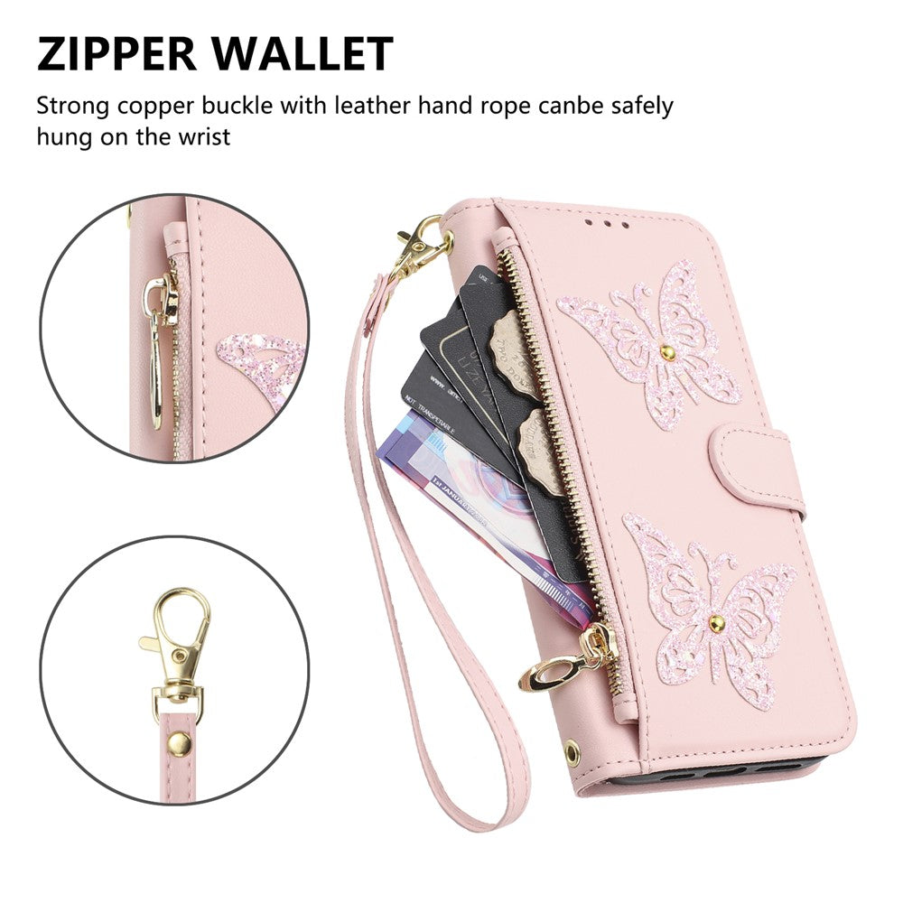 For Xiaomi Redmi Note 15 4G (Global)  /  Note 15 5G (Global)  /  Poco M8 5G Case Glitter Butterfly Zipper Pocket Stand Leather Phone Cover with Hand Strap / Shoulder Strap