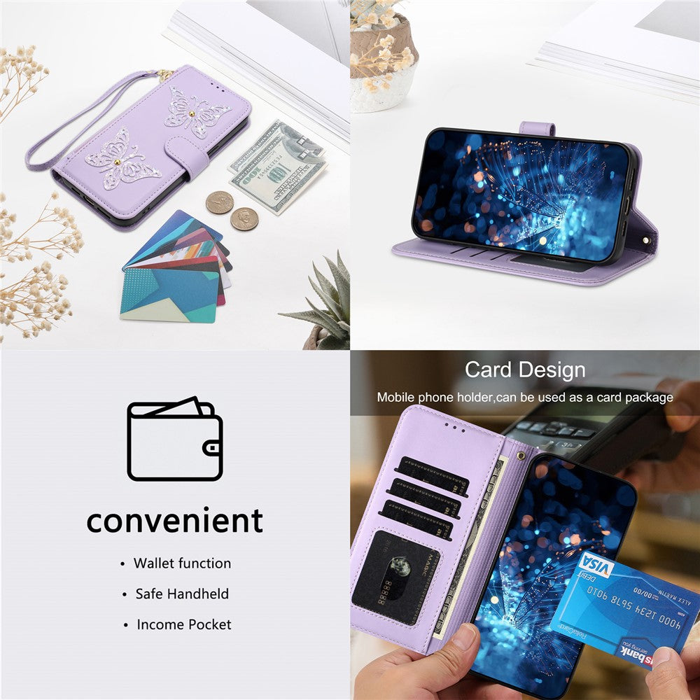 For Xiaomi Redmi Note 15 4G (Global)  /  Note 15 5G (Global)  /  Poco M8 5G Case Glitter Butterfly Zipper Pocket Stand Leather Phone Cover with Hand Strap / Shoulder Strap