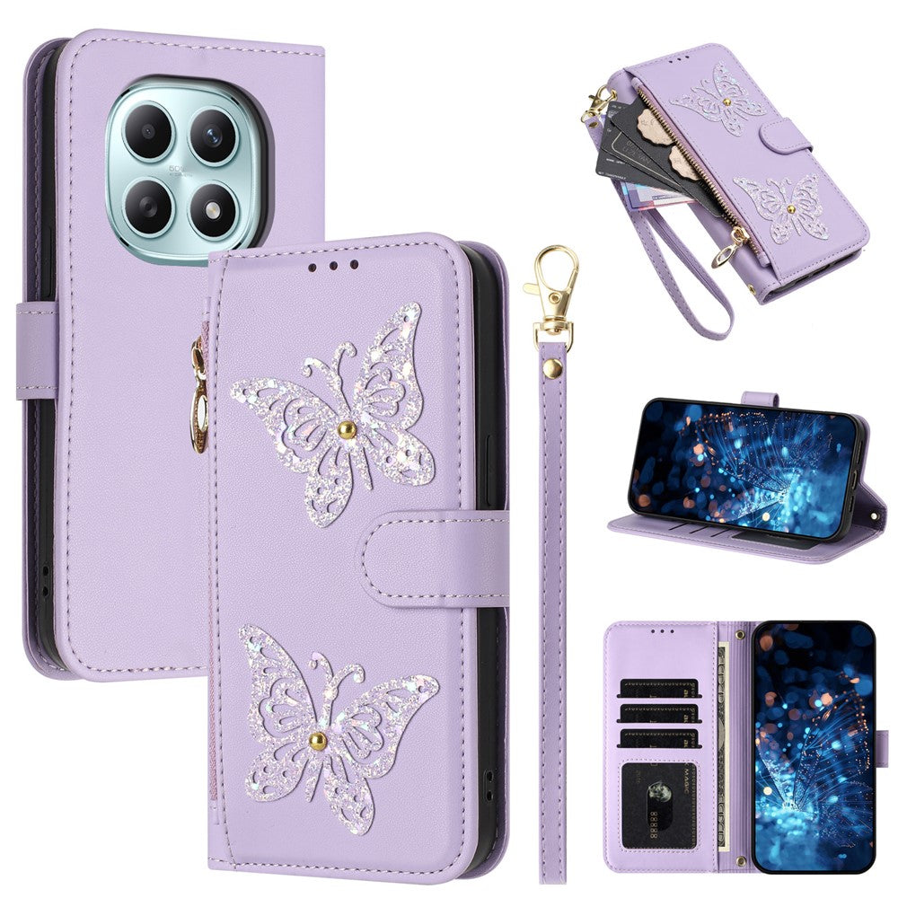 For Xiaomi Redmi Note 15 4G (Global)  /  Note 15 5G (Global)  /  Poco M8 5G Case Glitter Butterfly Zipper Pocket Stand Leather Phone Cover with Hand Strap / Shoulder Strap